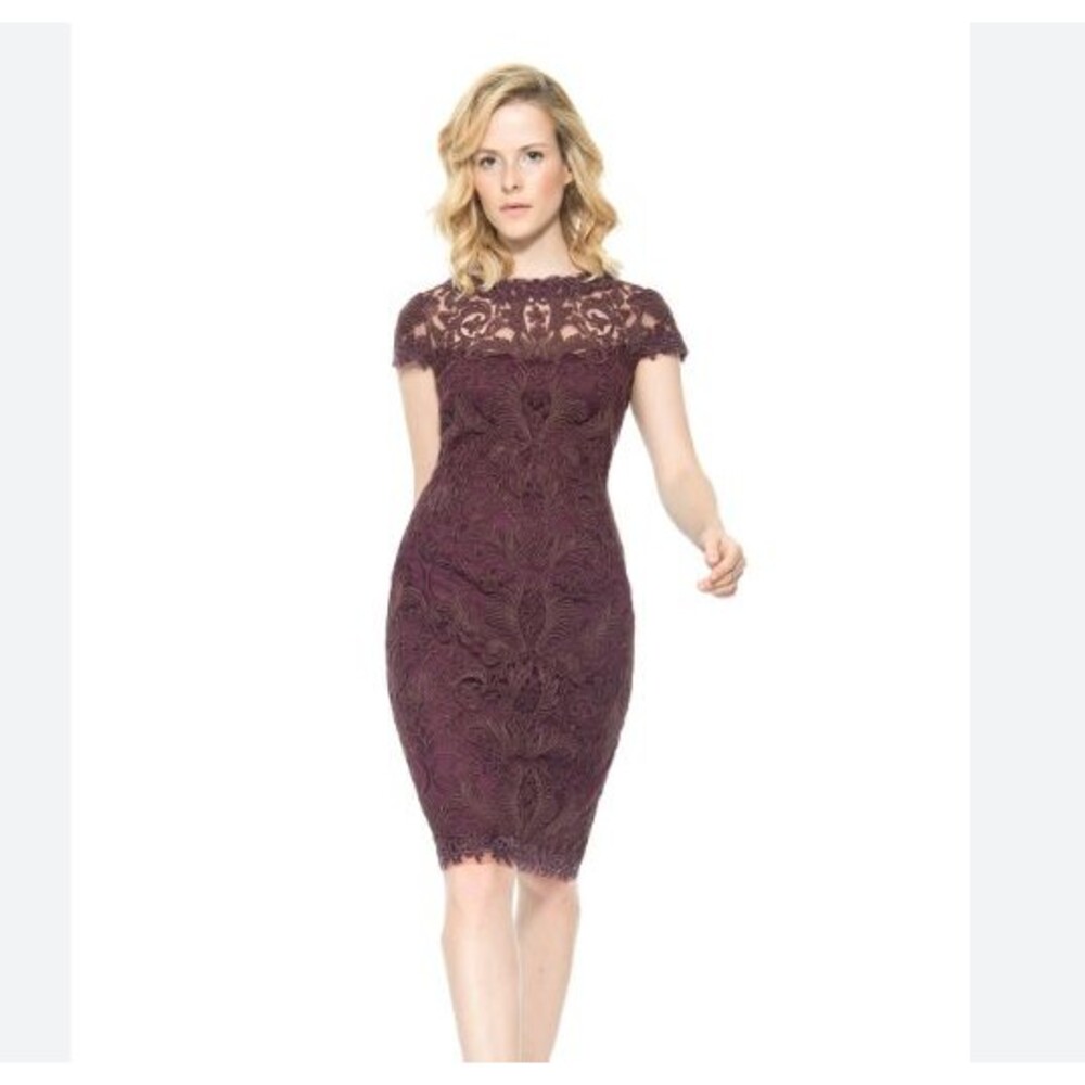 Tadashi Shoji Tulle Cap Sleeve Dress Sheath Purple Corded Embroidery NWT Size